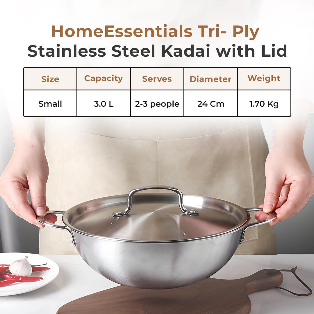 Premium Tri-Ply Stainless Steel Deep Wok Pan with Lid (24 cm)