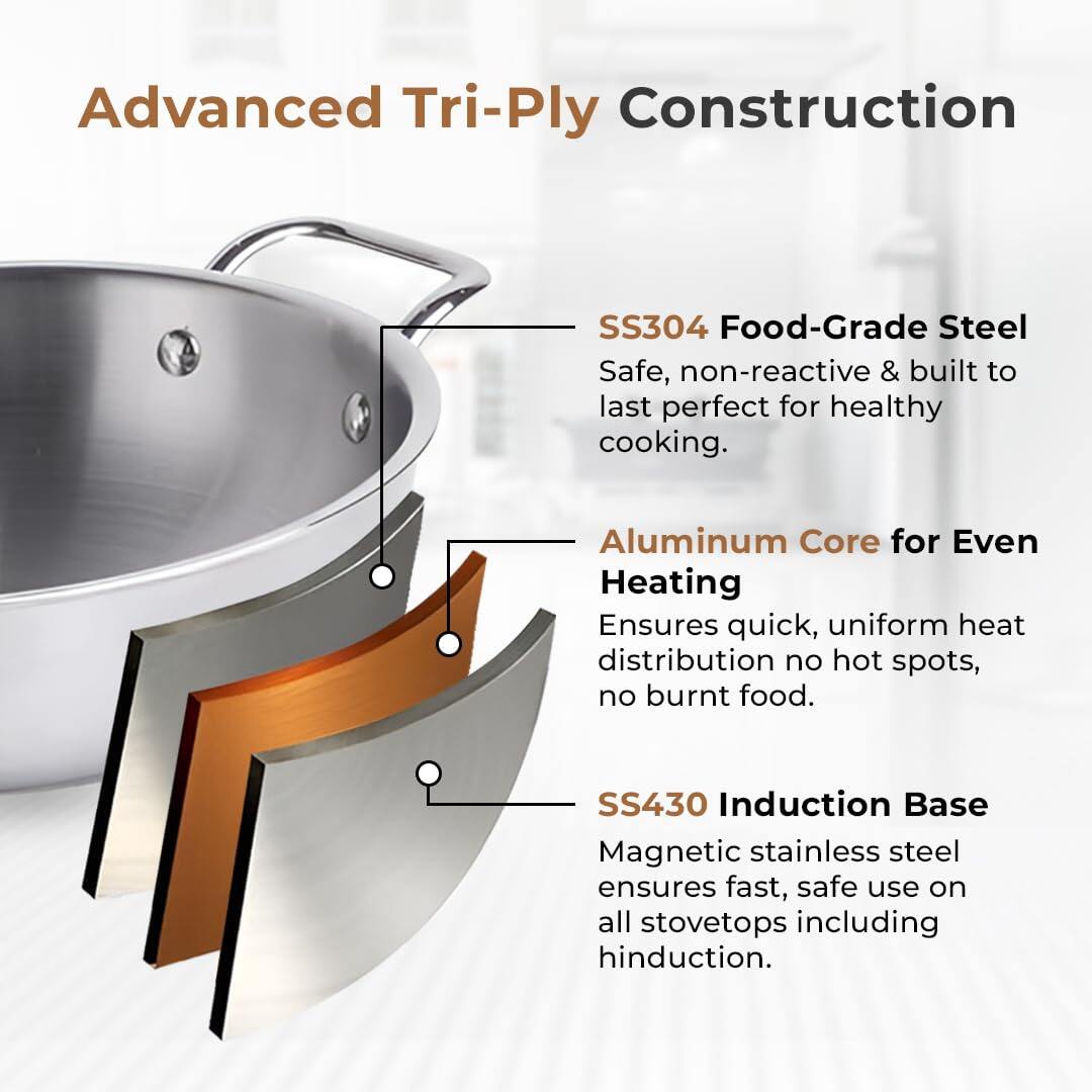 Premium Tri-Ply Stainless Steel Kadai With Lid(24cm)